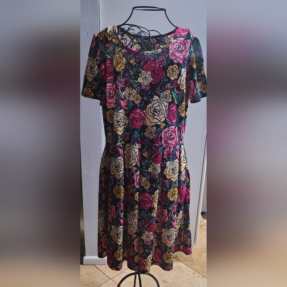 LuLaRoe Black Floral Midi Dress with Pink and Yellow Roses